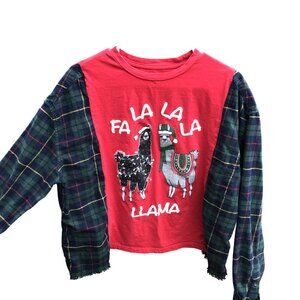 Flannel Tee Upcycle, Christmas Shirt: Size M-XL, Holiday Graphics, Llama Theme